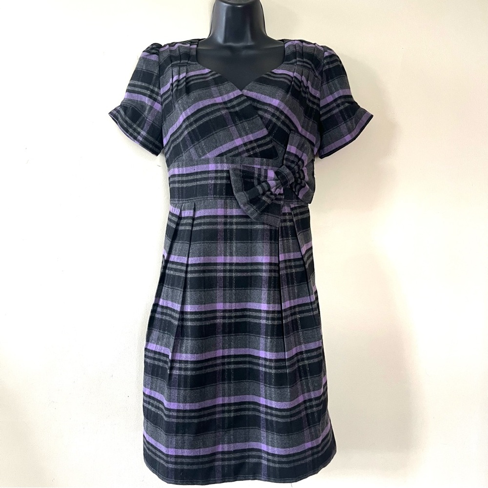 Y2k Nicola Bertti plaid mini dress L preppy babydoll coquette bow purple